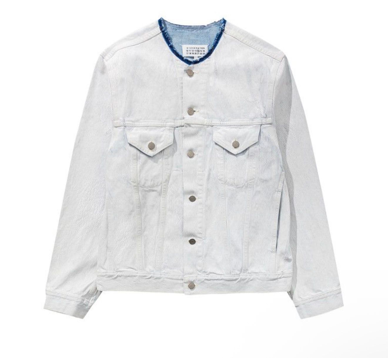 Maison Margiela men's white painted collarless denim jacket