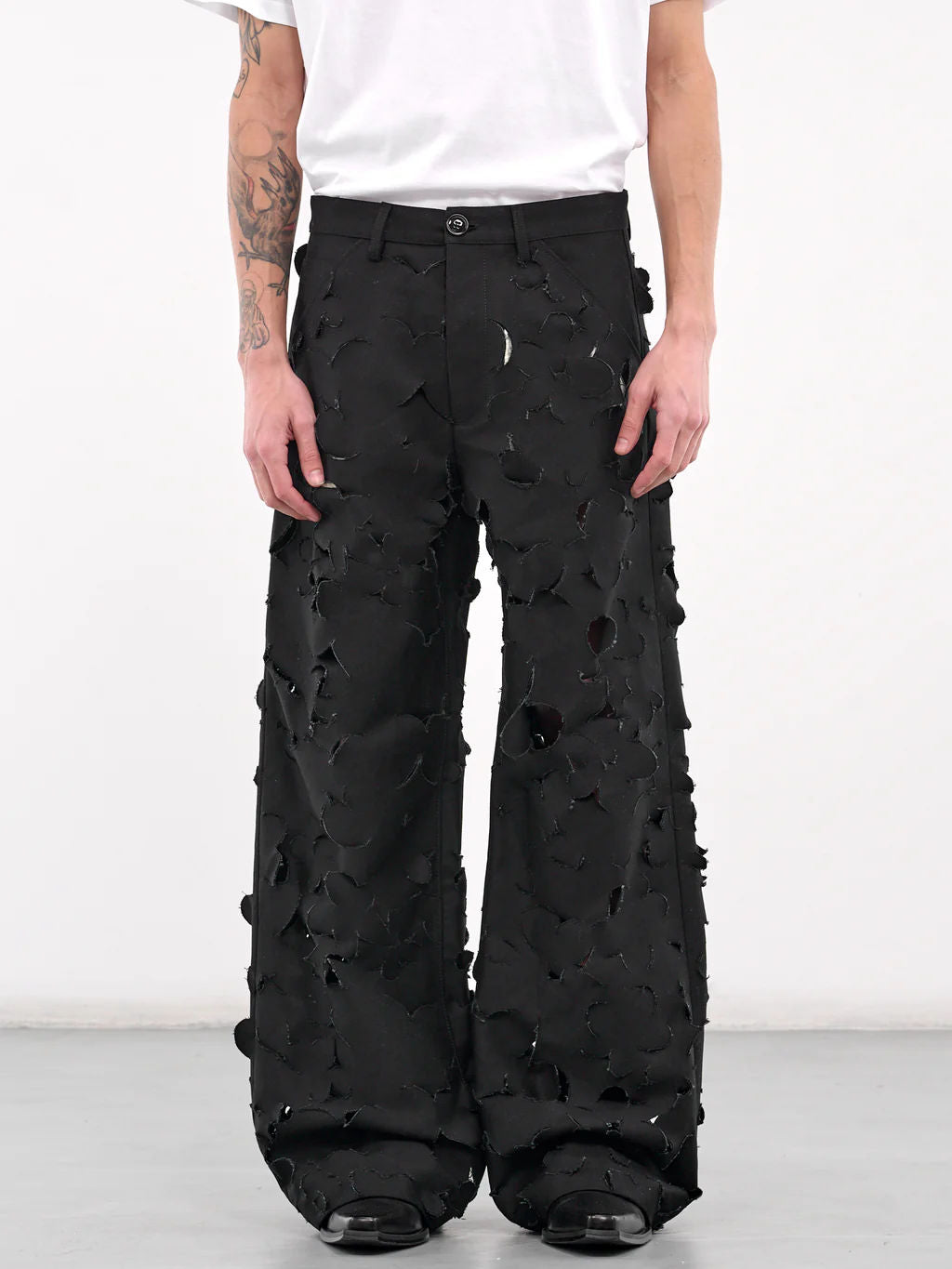 Marni black paneled cotton laser cut trousers