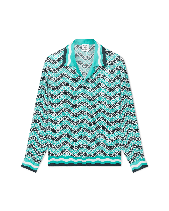 Casablanca Monogram Wave Shirt in Silk white green