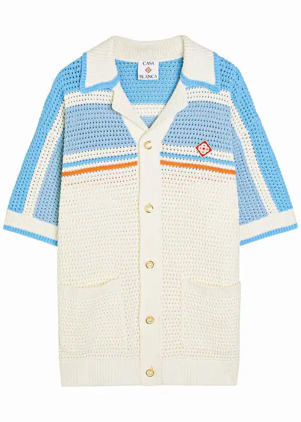 Casablanca blue and white stripe-detail knitted crochet shirt
