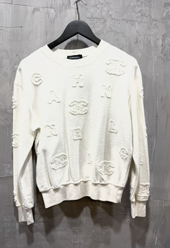 Chanel Textured Logo Bouclé Crewneck Sweatshirt White