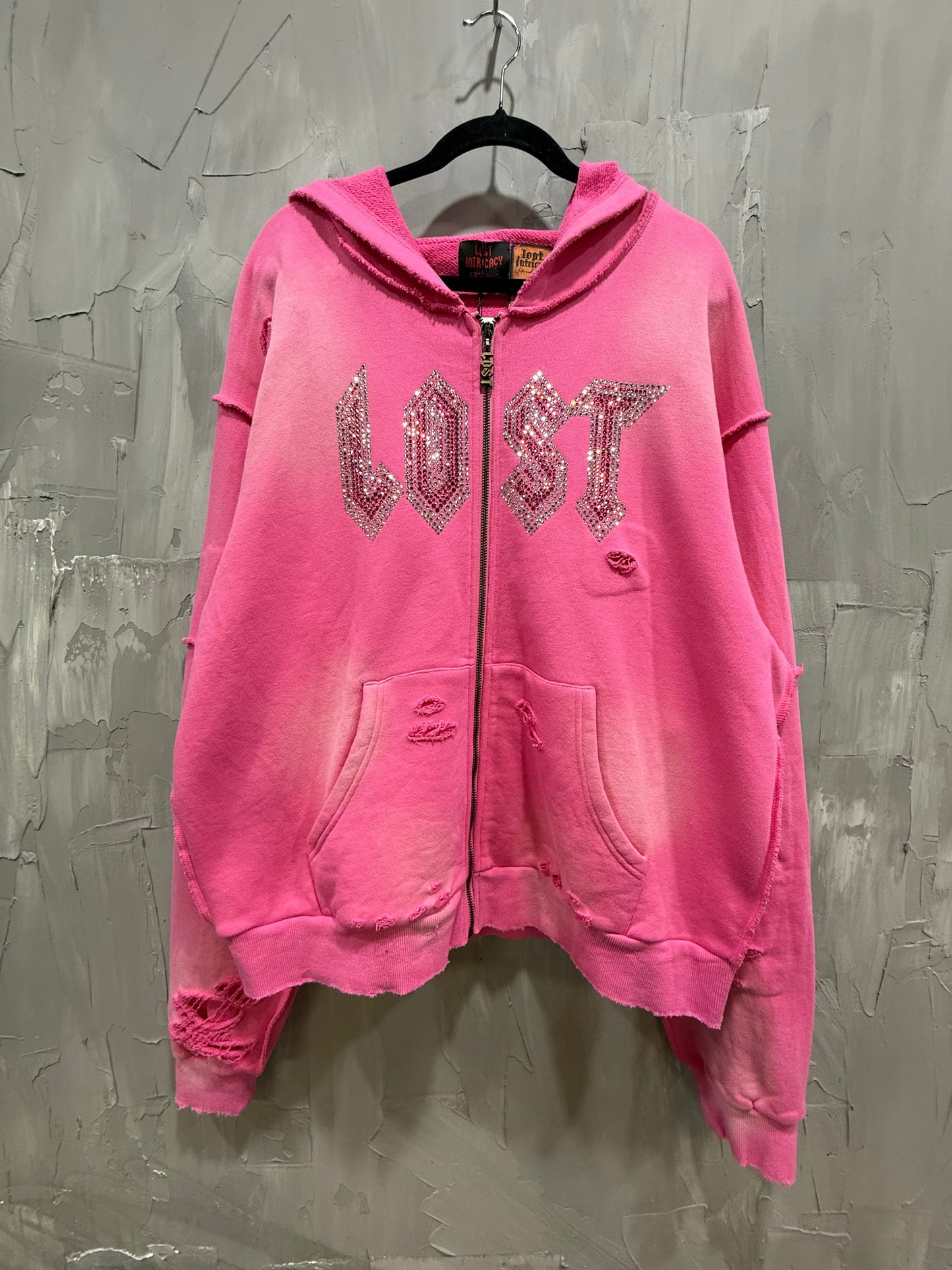 RHINESTONE LOGO ZIP UP HOODIE PINK