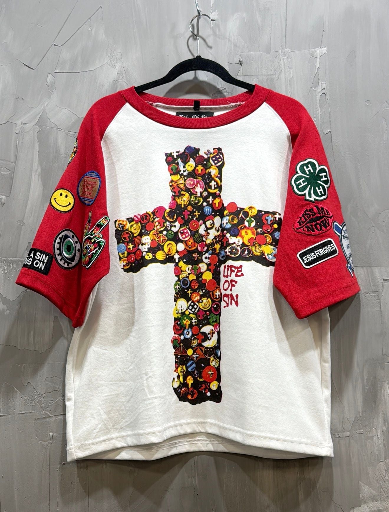 LIFE OF SIN PATCHED SLEEVE CROSS TEE