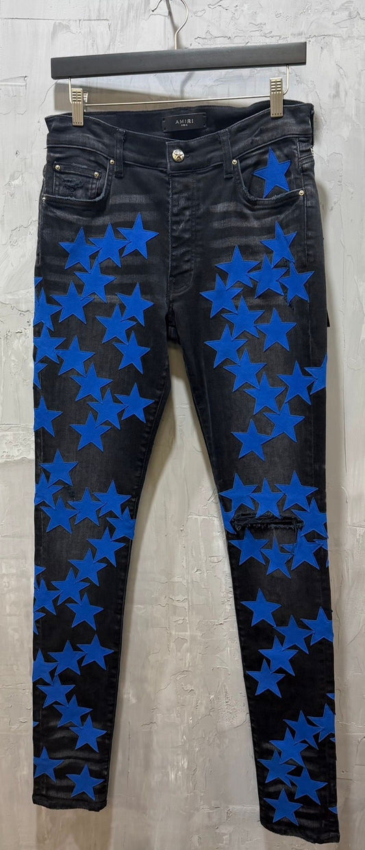 Black Jeans Leather Blue Star Patches