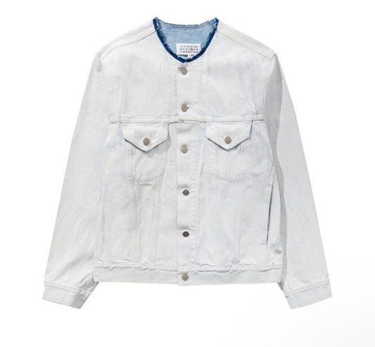 Maison Margiela men's white painted collarless denim jacket