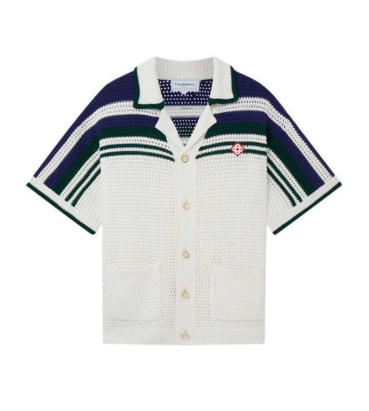 Casablanca Crochet Effect Tennis Shirt 'White/Green Stripe'