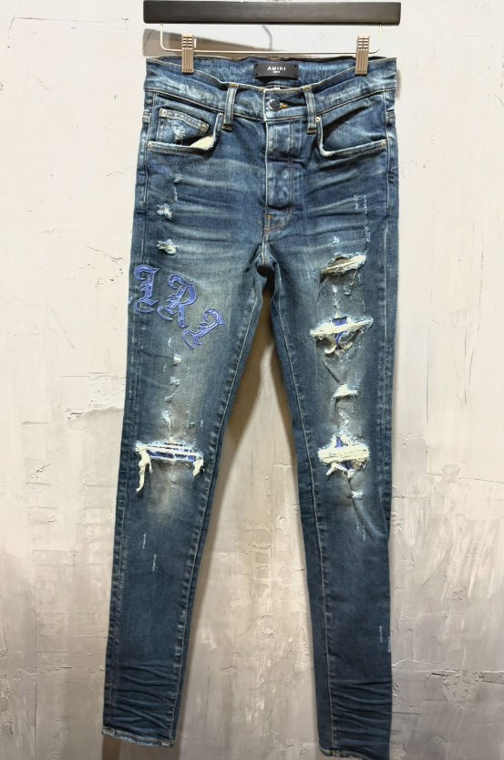 AMIRI LR Gothic Logo Embroidered Distressed Skinny Jeans (Indigo/Blue)