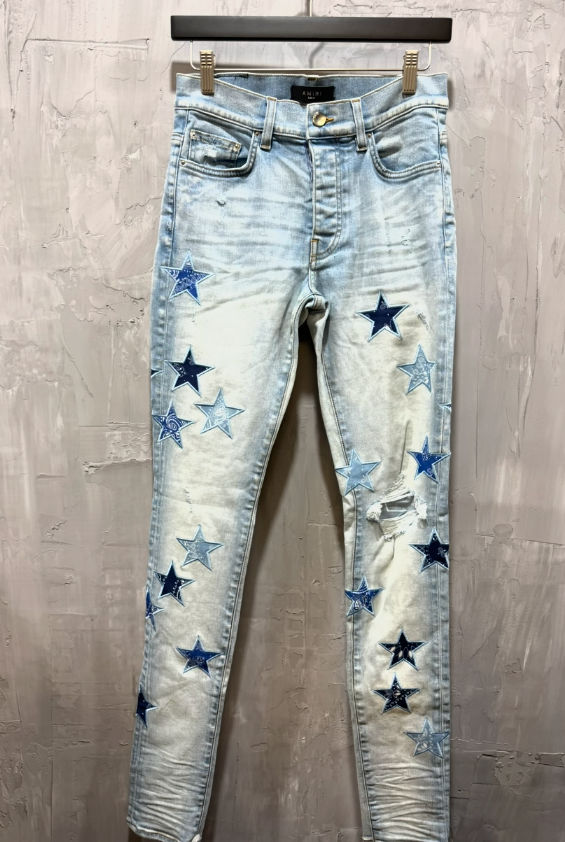 AMIRI Bandana Star Patch Skinny Jeans (Light Wash Blue)