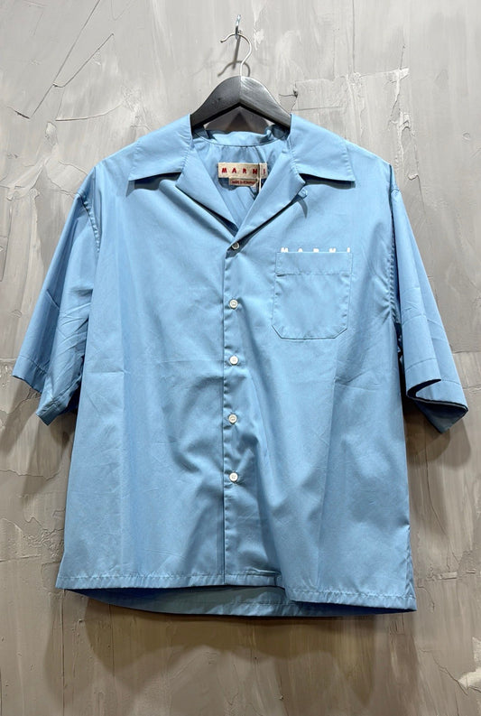MARNI LOGO ORGANIC POPLIN BUTTON UP SKY