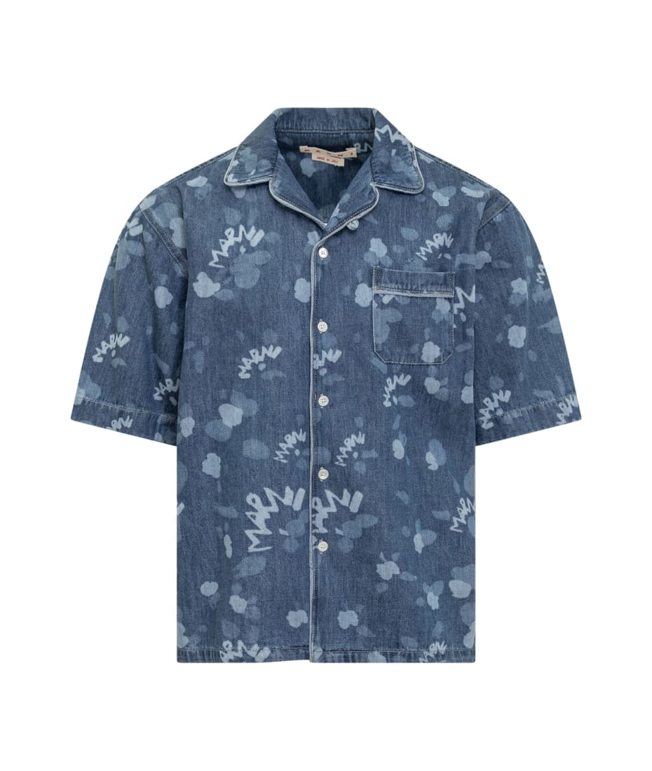 BLUE DENIM BOWLING SHIRT WITH MARNI DRIPPING PRINT