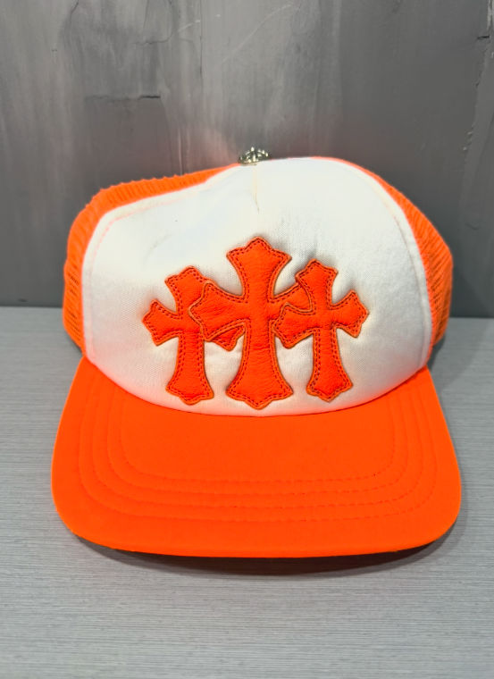 Chrome Hearts Triple Cross Patch Trucker Hat Neon Orange / White