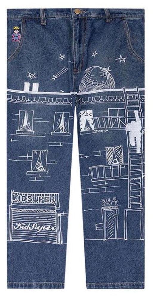 KidSuper Fire Escape Embroidered Jeans