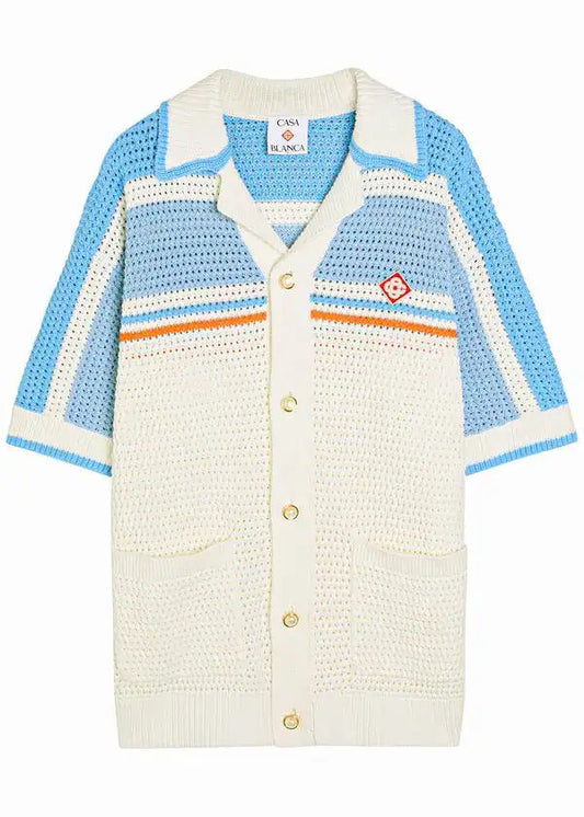 Casablanca blue and white stripe-detail knitted crochet shirt