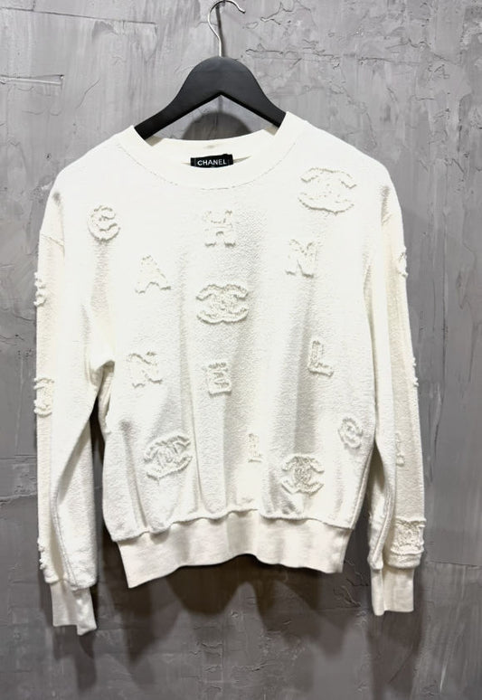 Chanel Textured Logo Bouclé Crewneck Sweatshirt White