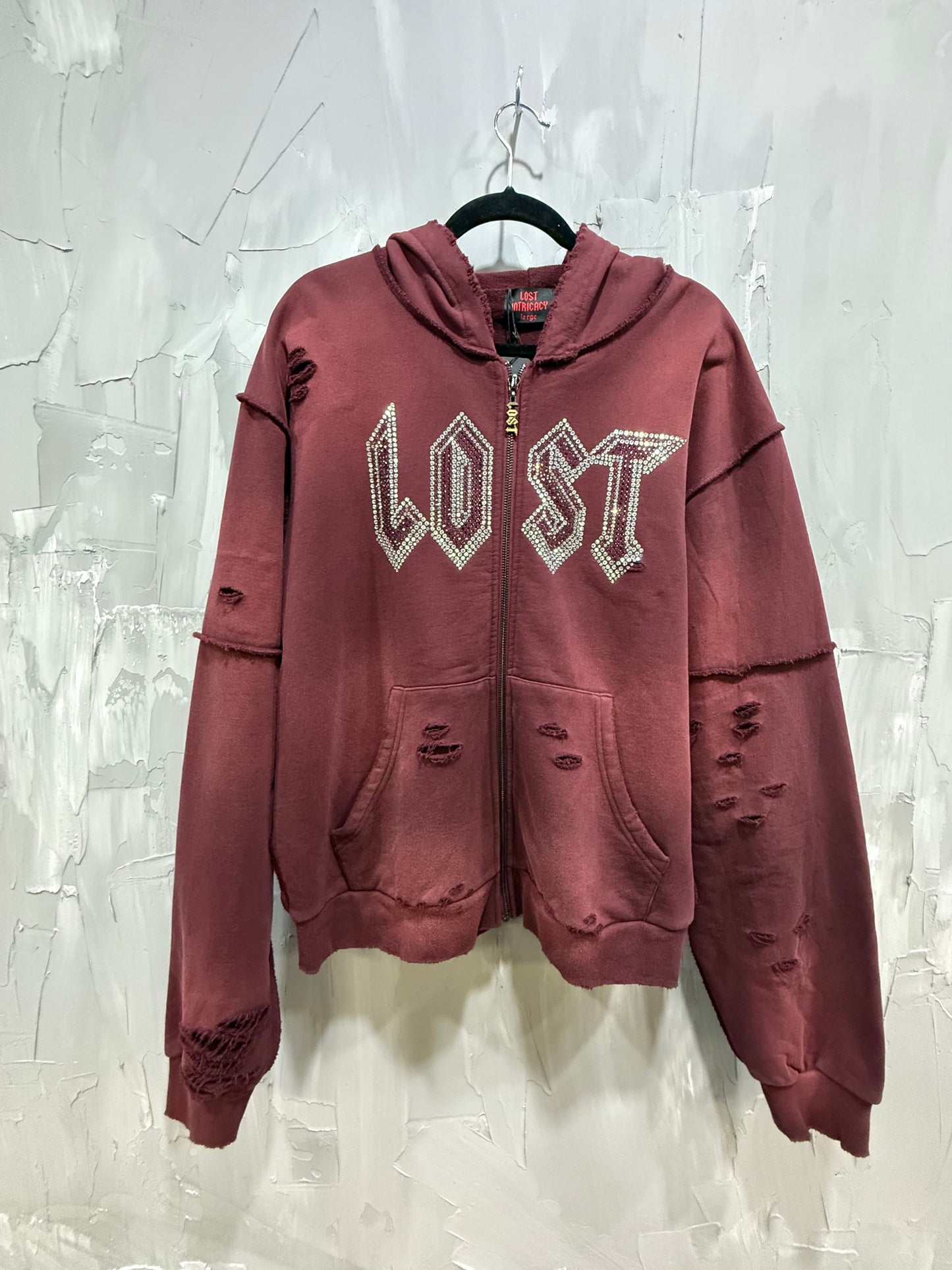 Rhinestone LOGO BURGUNDY ZIP UP HOODIE