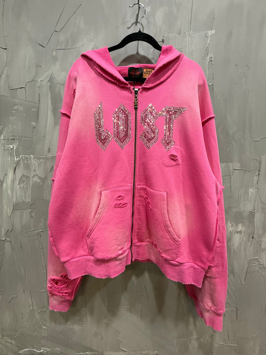 RHINESTONE LOGO ZIP UP HOODIE PINK