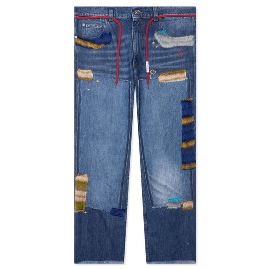 Stonewashed organic blue denim with mohair iris blue