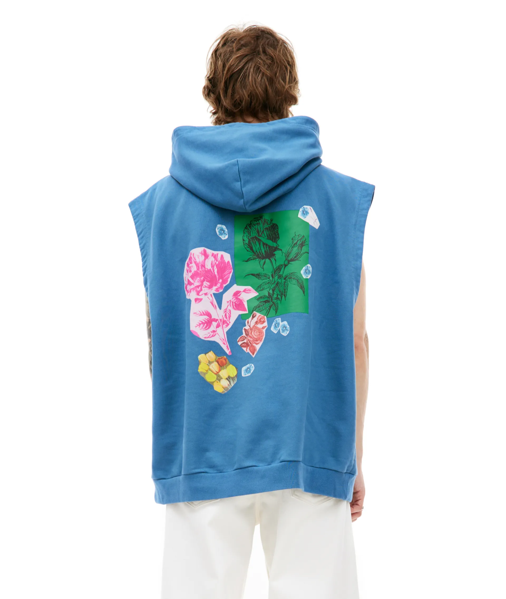 MARNI COLLAGE FLOWER BLUE SLEEVELESS HOODIE
