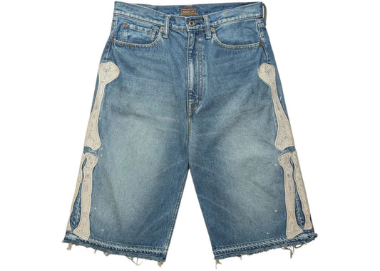 Kapital 14 Oz Denim 5P Bone Embroidery Shorts Light Indigo
