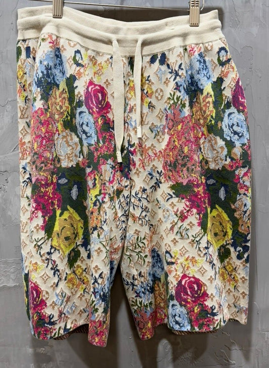 Beige Multicolor Floral Monogram Shorts