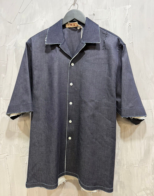 Trompe loeil stretch denim Blue blck shirt