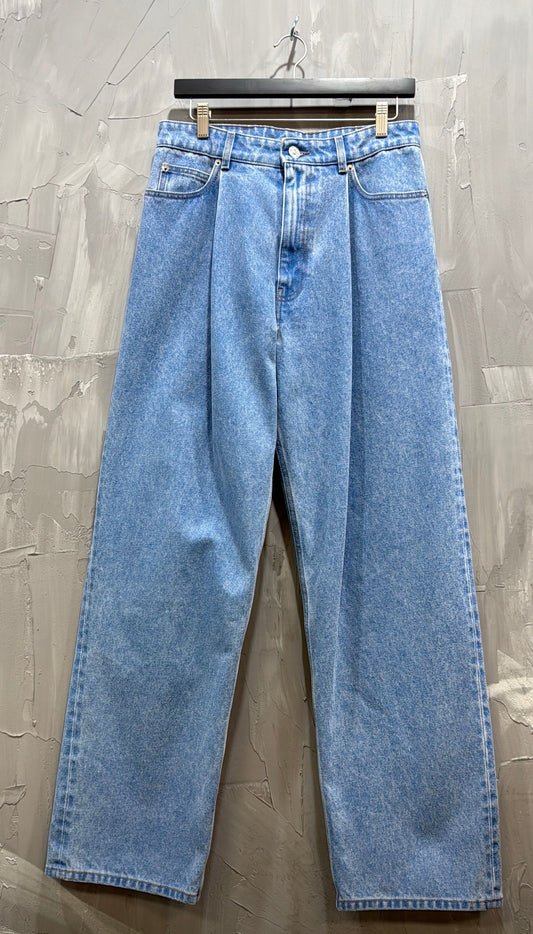 BLEACHED COATED ORGANIC DENIM JEAN COBALT