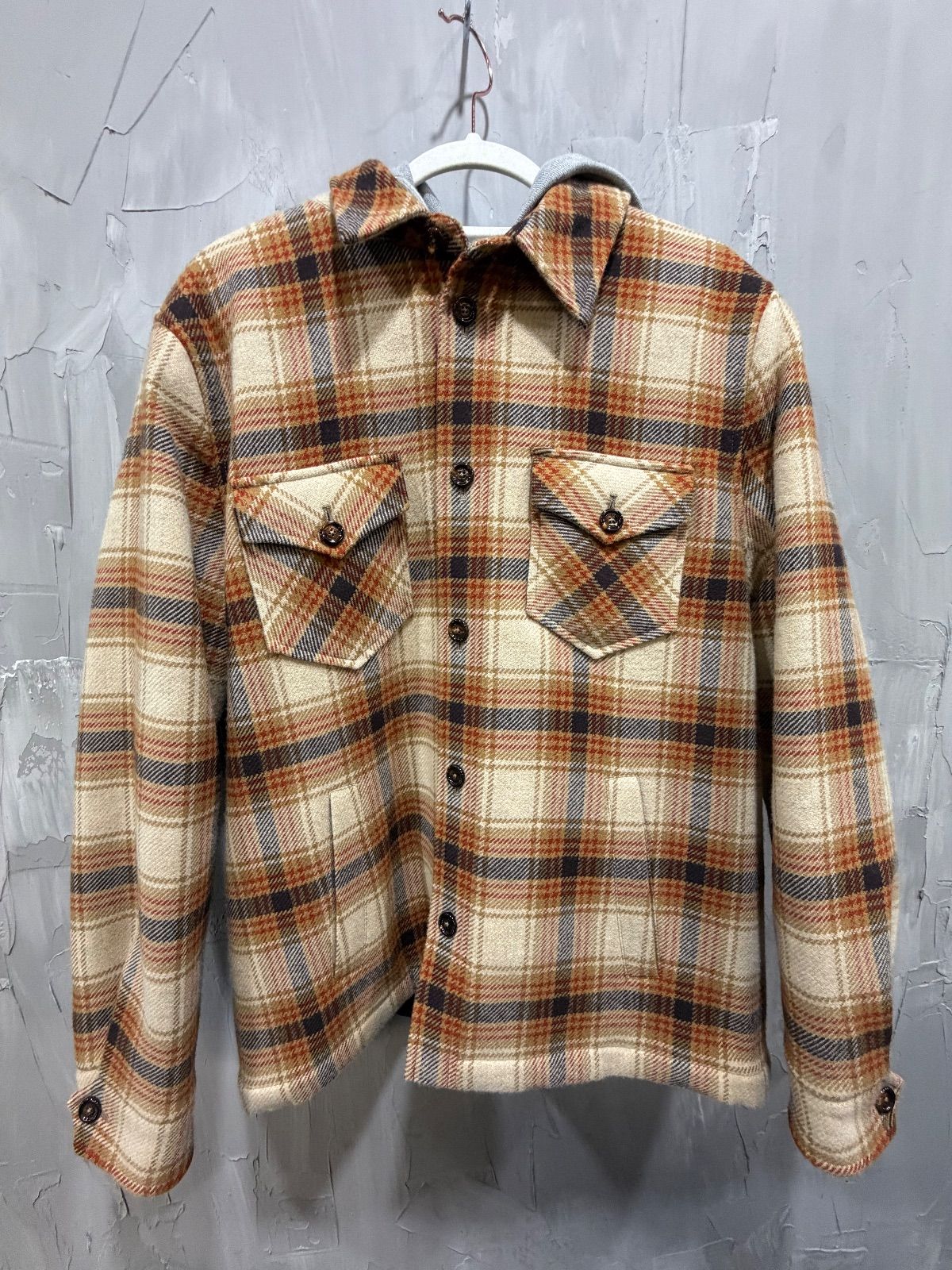 Logo-Print Cotton-Trimmed Checked Wool Hooded Overshirt - Like New