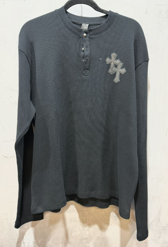 Chrome Hearts Leather Cross Patch Thermal Henley Shirt (Black) - Like New