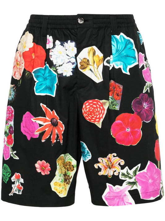 MARNI FLOWERS COLLAGE POPLIN BLACK SHORTS